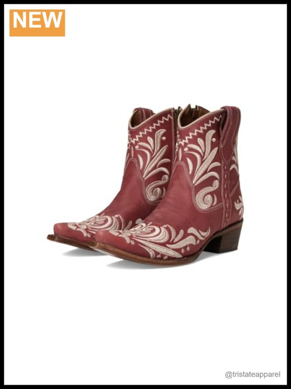 Leather Ankle Boots with Red Embroidery Snip Toe Cuban Heel